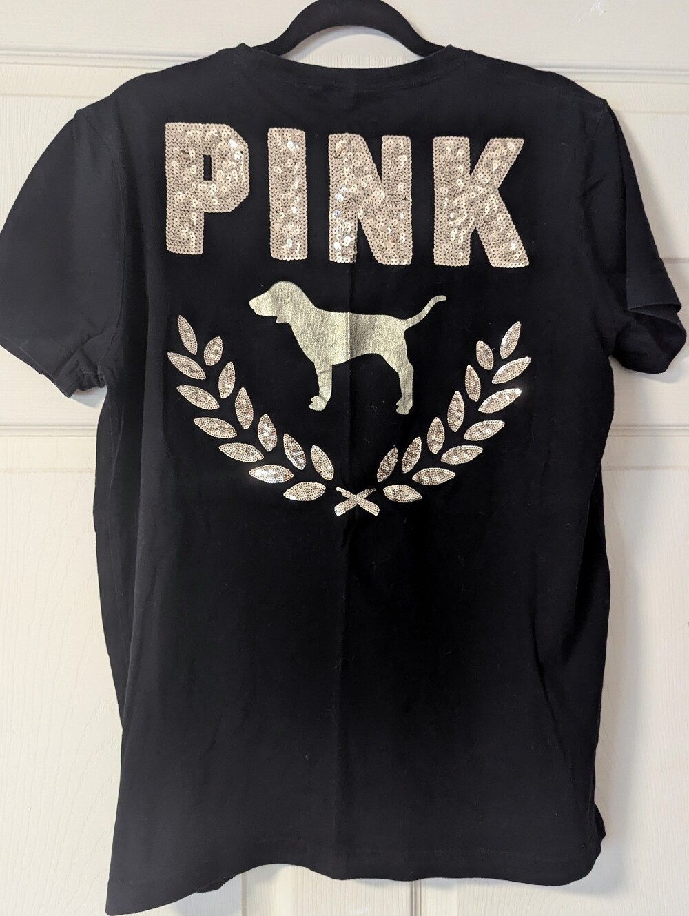 EUC! PINK VS Victoria's Secret T-shirt Sequin Dog Shirt Gold Tee Sparkle Bling